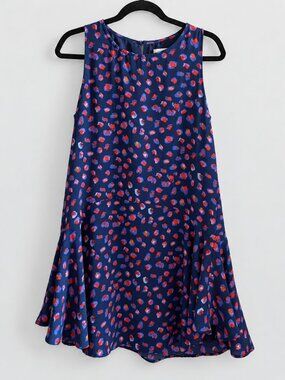 C&E Navy Red Abstract Print Sleeveless Drop Waist Dress Small Flounce Hem
